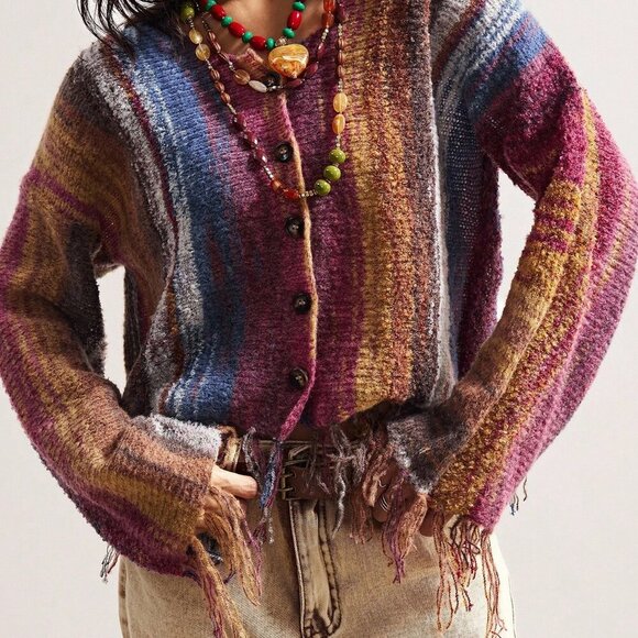Multicolor Casual Women's colorful Ombre Striped Fringe Hem Cardigan - Picture 2 of 8